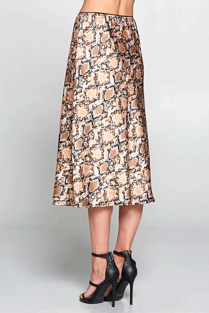 Satin Snake Print Midi Skirt - NATURAL