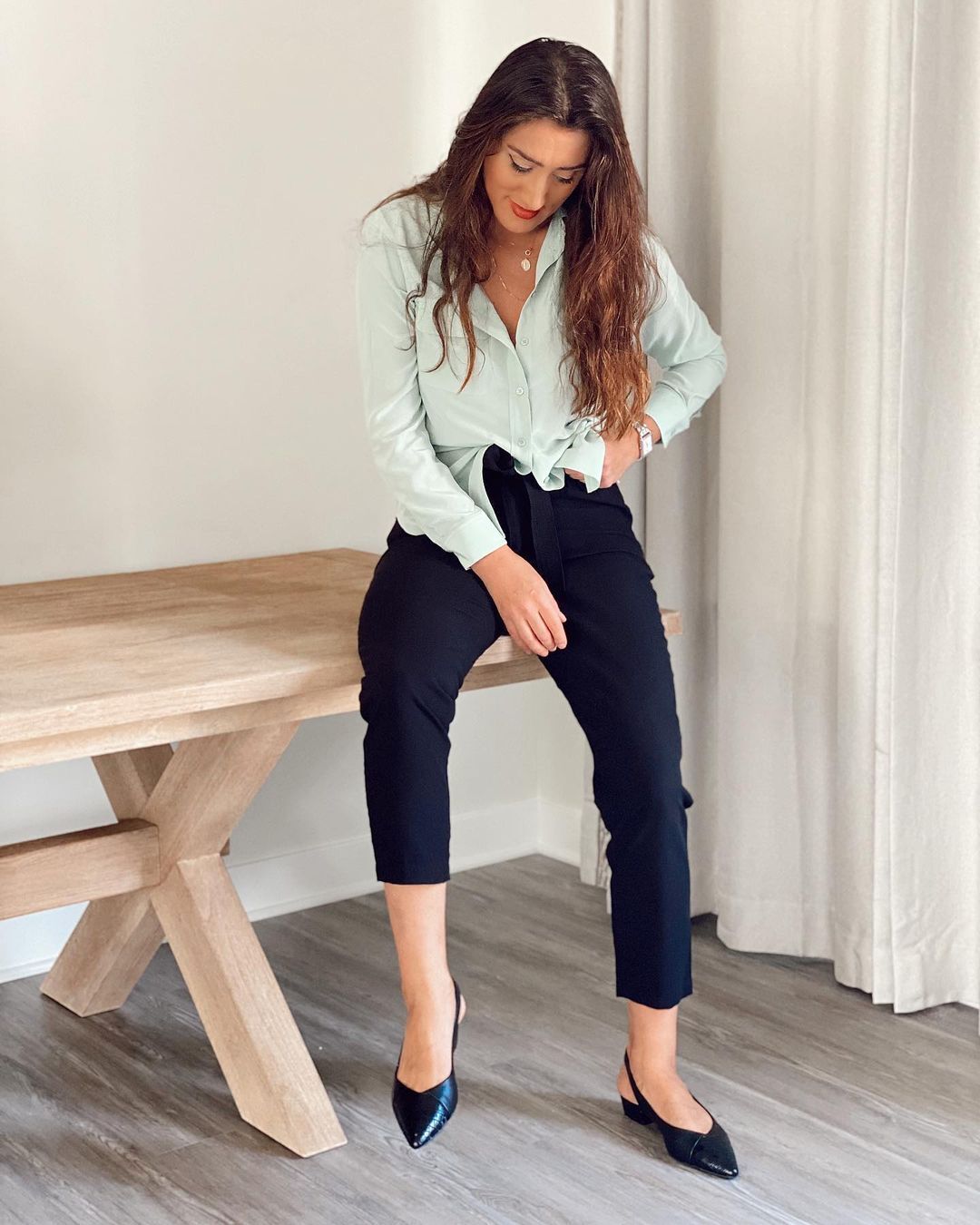 LEEZ Women Mulberry Silk Shirt Mint Green