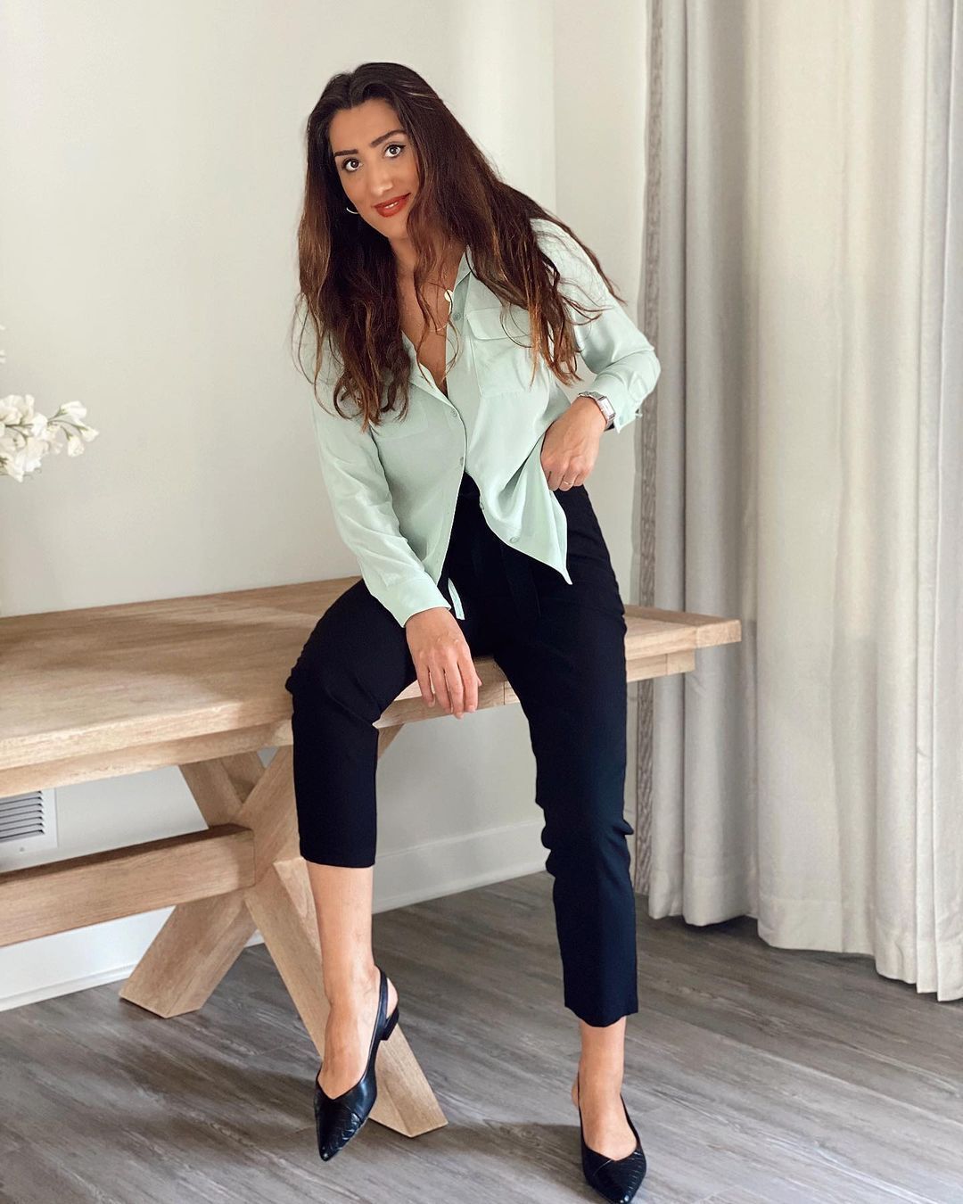 LEEZ Women Mulberry Silk Shirt Mint Green