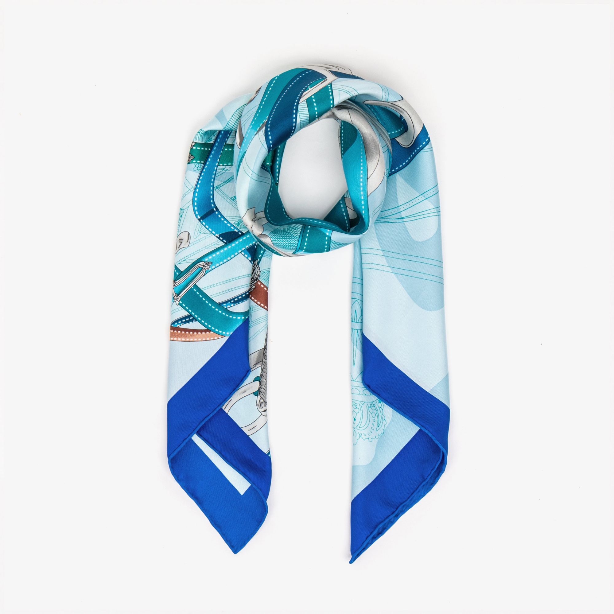 LEEZ La Ceinture Bleue Print Square Silk Scarf