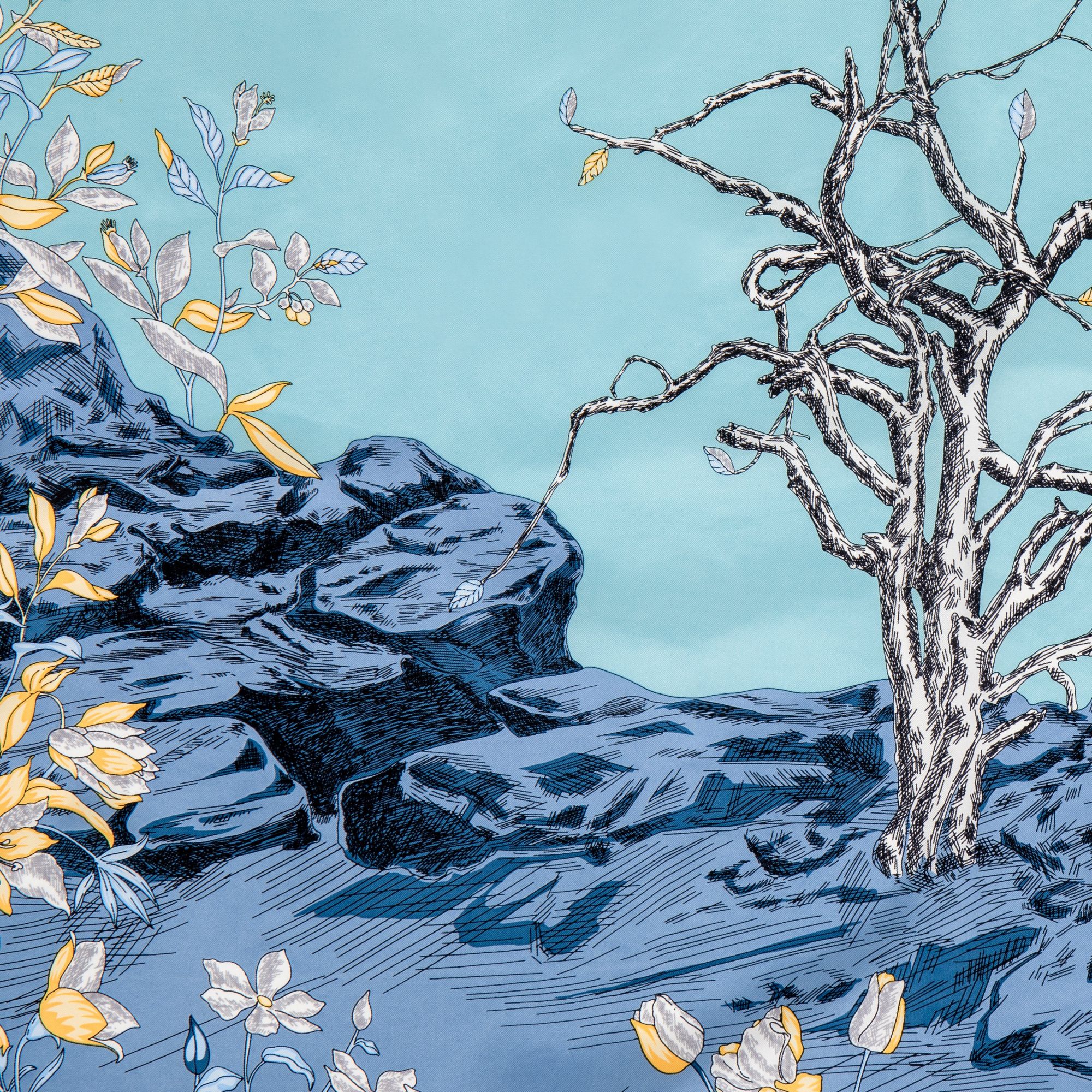 LEEZ Tree On The Rock Print Square Silk Scarf - Noir