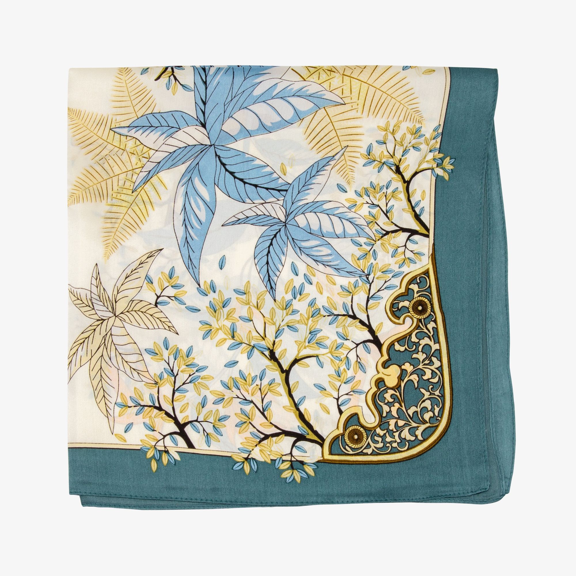 LEEZ Floral Print Square Silk Scarf - Pine