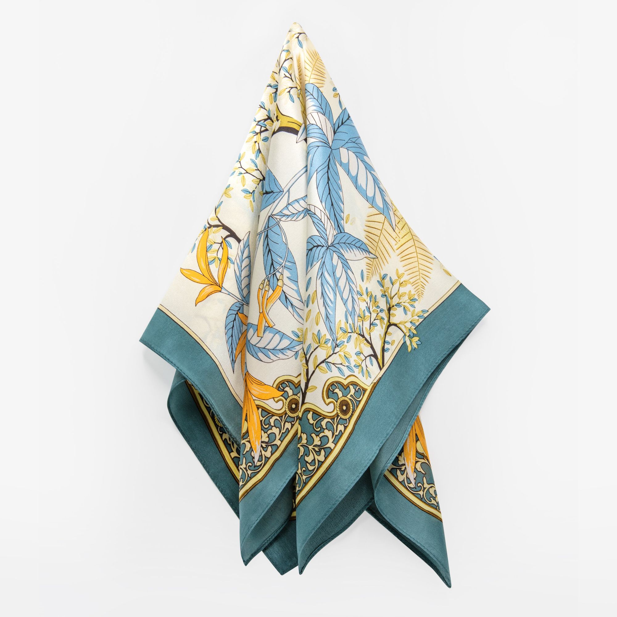 LEEZ Floral Print Square Silk Scarf - Pine