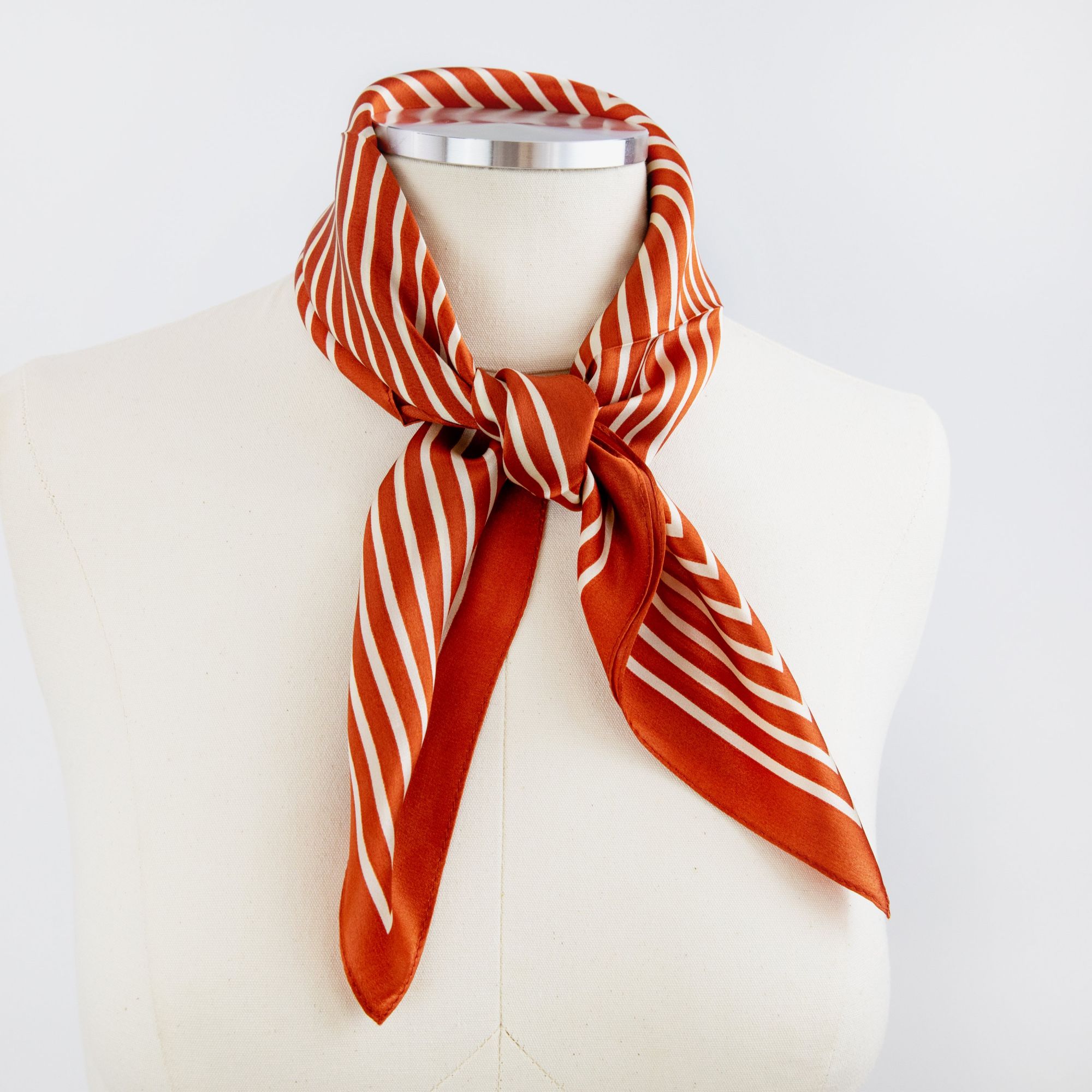 LEEZ Pumpkin & White Stripe Print Square Silk Scarf
