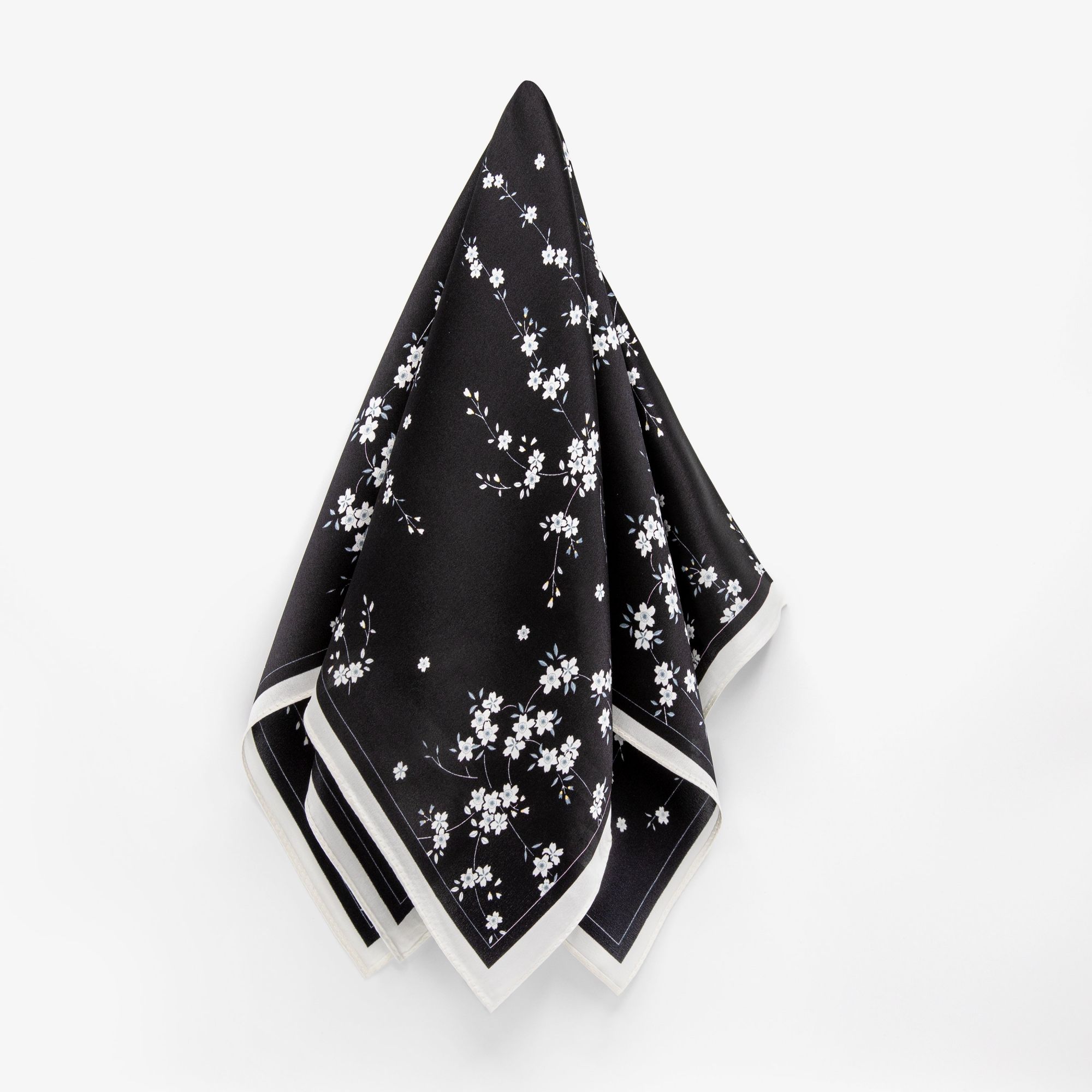 LEEZ Sakura Noir & Blanc Print Square Silk Scarf