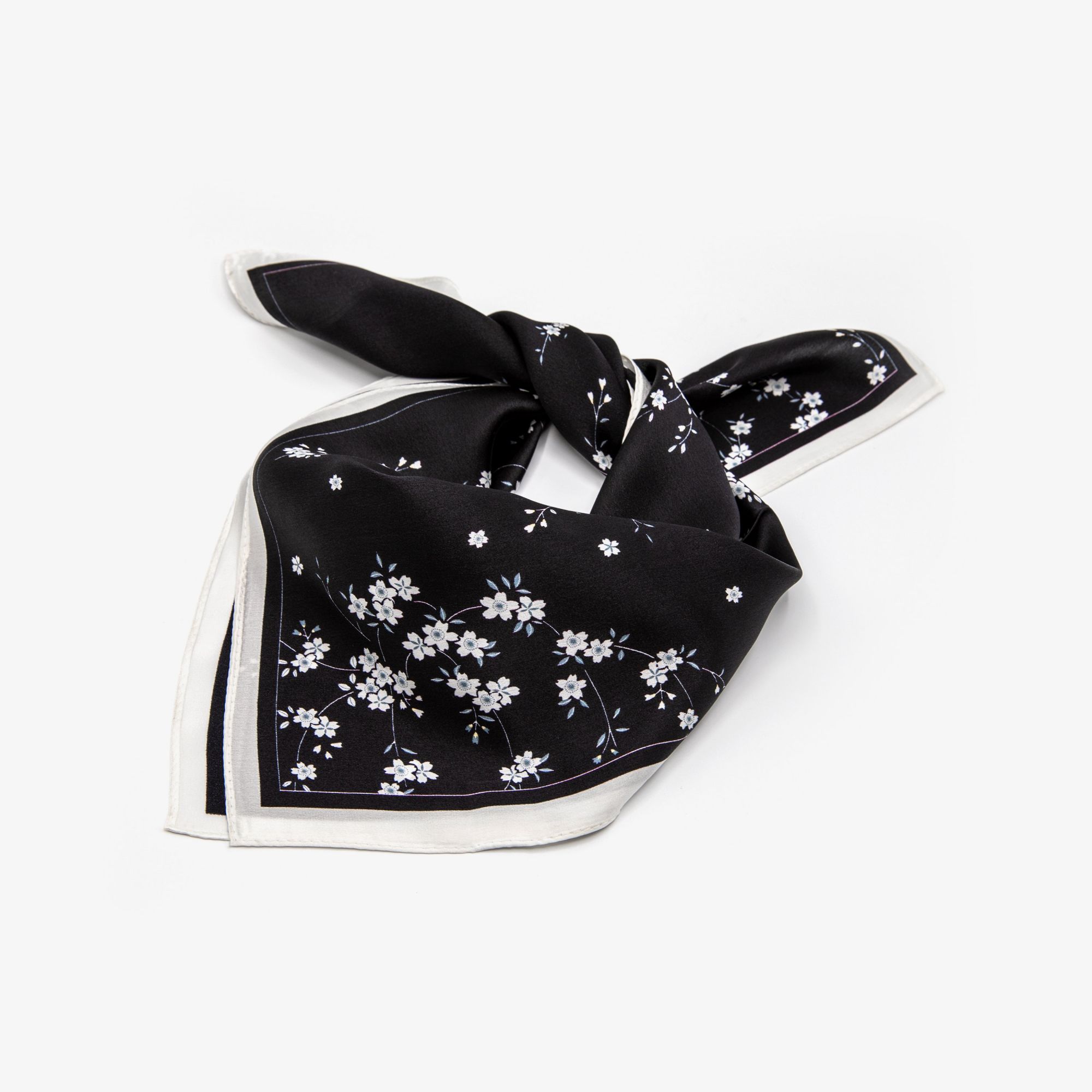 LEEZ Sakura Noir & Blanc Print Square Silk Scarf