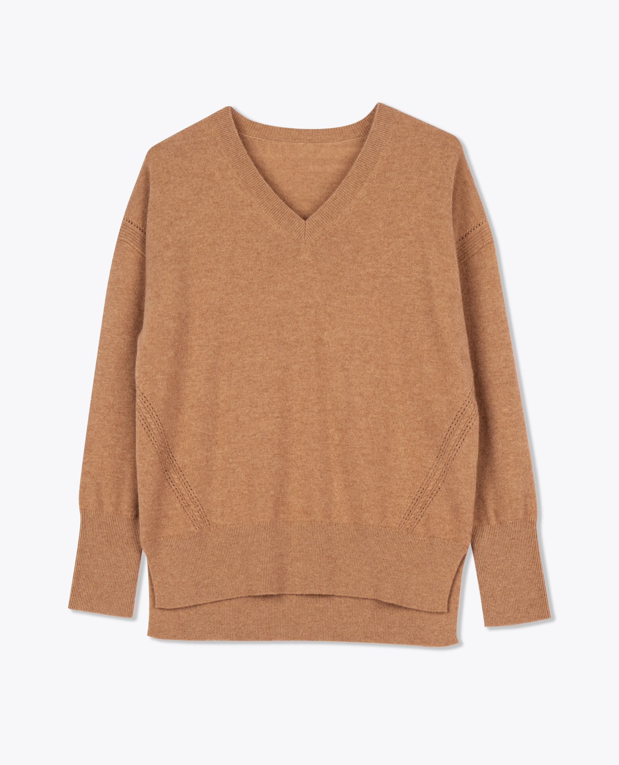 LEEZ Women Cashmere V-Neck Sweater - Camel